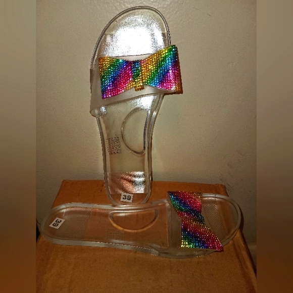 Clear Sandal Slides with Multicolor Bling Bow (8) - Picture 1 of 4